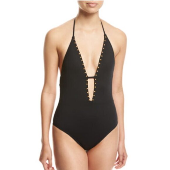 La Blanca Mio Deco Stud Halter One Piece Plunge Swimsuit Size 8 - Picture 1 of 6